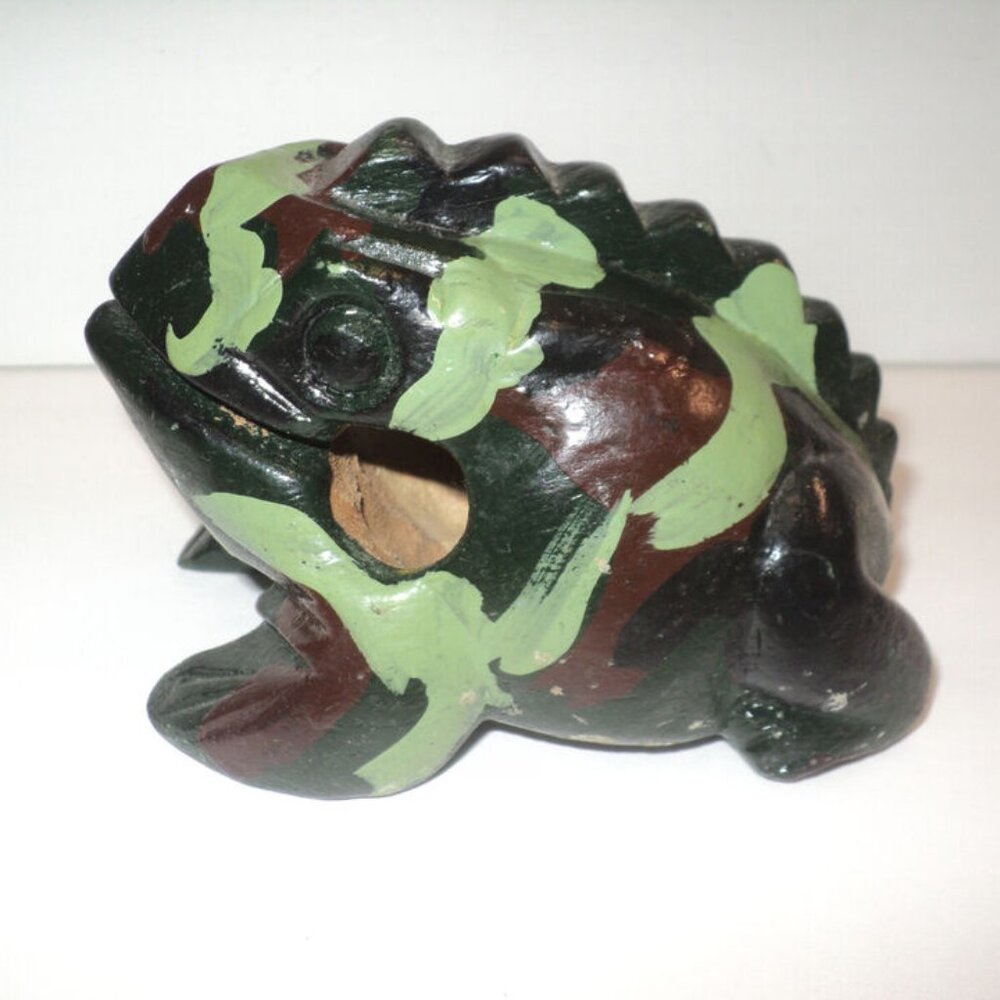 Wooden Frog Guiro Rasp Percussion Instrument Carved Camo Green, Brown No Stick